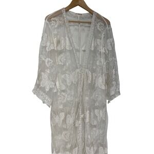 Choa White Sheer Mesh Butterfly Embroidered Kimono Cover Up 23" Wide 48" Long